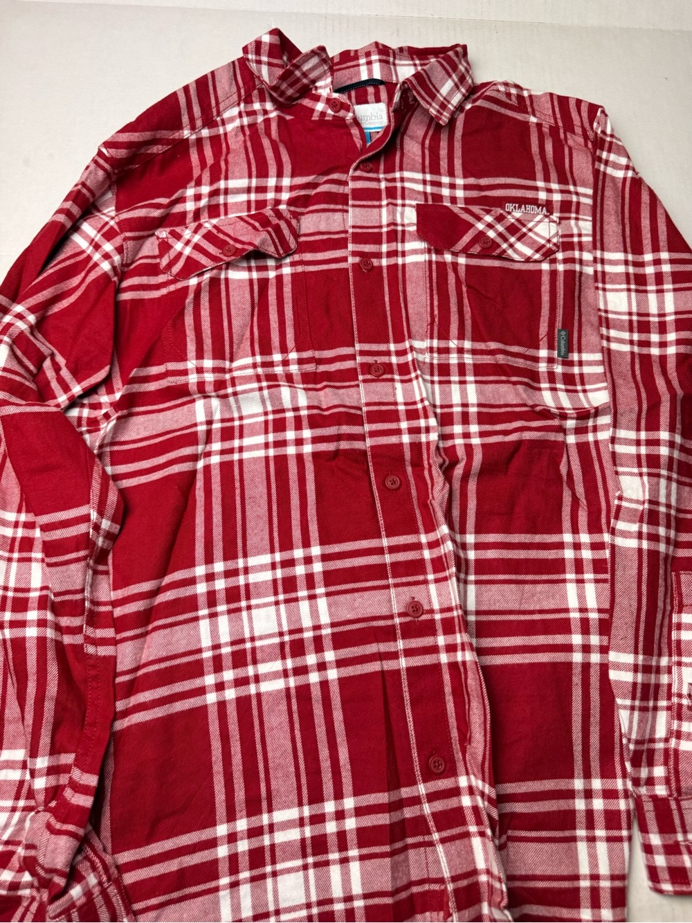 Columbia Red Flannel Button Down Shirt Men’s Size Large Oklahoma Long Sleeve